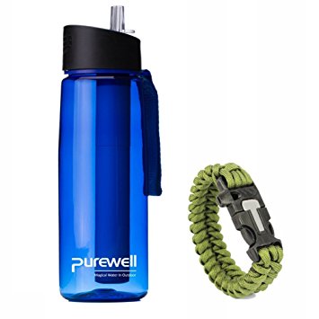 Personal Water Filter Bottle with 2-Stage Integrated Filter Straw for Hiking- Include Paracord Bracelet with Fire Starter