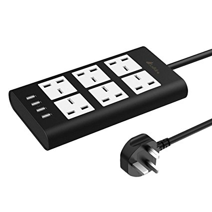 Power Strip, Lidlife 6 AC Outlets USB Charger Surge Protector Extension Socket with Smart 4 USB Output Charging Station -2500W 220-250V 6.5 Feet Cord for Kindle,Galaxy S7 Edge / Note, iPhone 7 Plus/ 7 / 6S Plus / 6 /SE /5S/iPad Air mini etc.(Black)