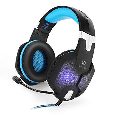 EACH G1000 Professional 3.5mm PC Gaming Bass Stereo Headset Headphones Earphones Headband with Mic Microphone Noise Isolation Over-ear Colorful Breathing LED Light for Laptop Computer (Black&Blue)