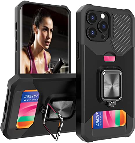 Wallet Case Designed for iPhone 13 Pro Max Case 6.7inch with Card Holder Slot Stand Kickstand Ring Popsocket Rugged Shockproof Heavy Duty Defender Armor 【Military Grade】 Protective Phone Case Black