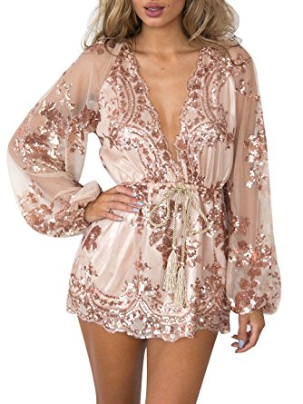 Glamaker Women's Sexy V Neck Long Sleeves Lace Sequin Rompers Shorts Culbwear