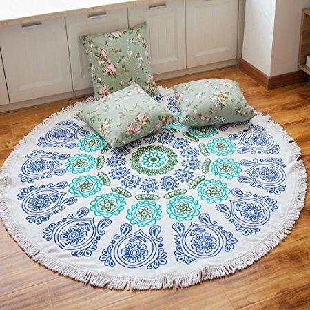 GreForest Round Beach Towel With Tassel Green&White &Blue Cotton Circle Beach Towels