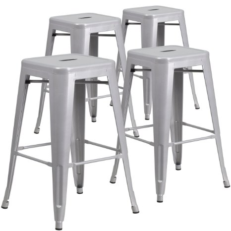 4 Pk. 30'' High Backless Silver Metal Indoor-Outdoor Barstool with Square Seat