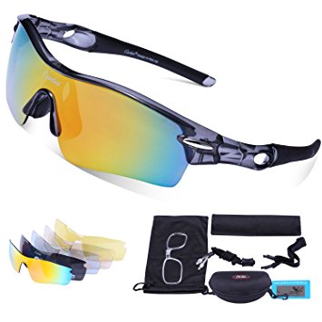 Carfia Polarized Sports Sunglasses UV400 Protection Cycling Sunglasses Goggles with 5 Interchangeable Lenses for Ski Running Cycling Fishing Golf, TR90 Unbreakable Frame