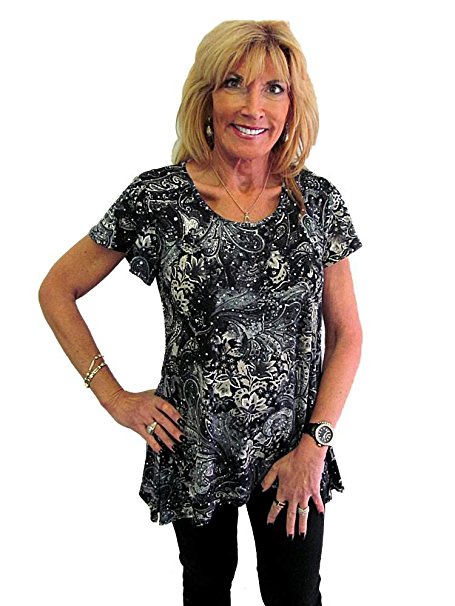 Sharkbite Tunic Flutter Sleeve All Over Black and White Print Silky Microknit With Mini Sequin Detail