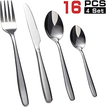 (Services for 4) - 16 pieces Stainless Steel Modern tableware flatware utensils cutlery set, Dinner knives/forks/soup spoon/tea spoon.Elegant,Mirror Polished,Kitchen,Dishwasher Safe…