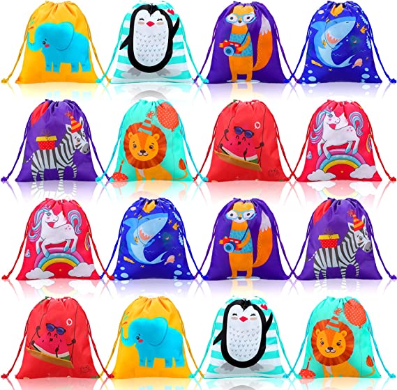 16 Pack Drawstring Party Favor Bags for Kids Birthday Party Drawstring Candy Goody Bag with Cartoon Animal Designed for Baby Boys and Girls (8 Styles)