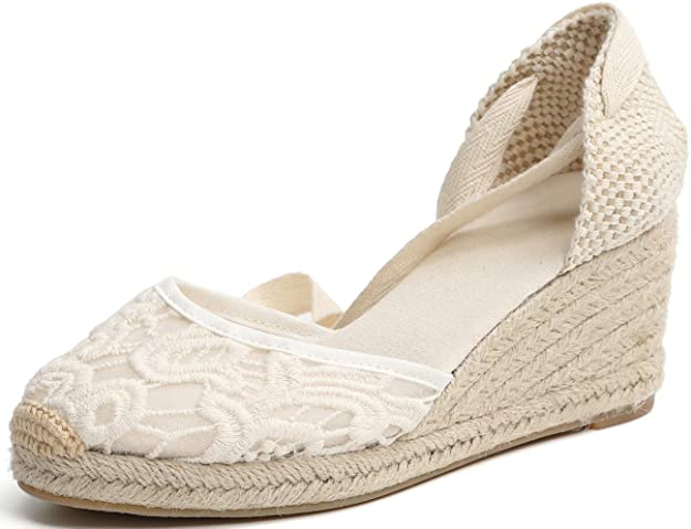U-lite Cap Toe Platform Wedges Sandals for Women, Classic Soft Ankle-Tie Lace up Espadrilles Shoes