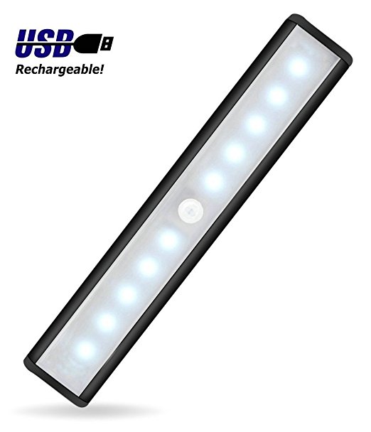 JEBSENS - T05B Battery Operated Closet light, 10 LED Under cabinet lighting with Motion Sensor, Rechargeable Motion Sensing LED Light Bar, Stick on anywhere, 3 Modes On Off Auto Switch - Black