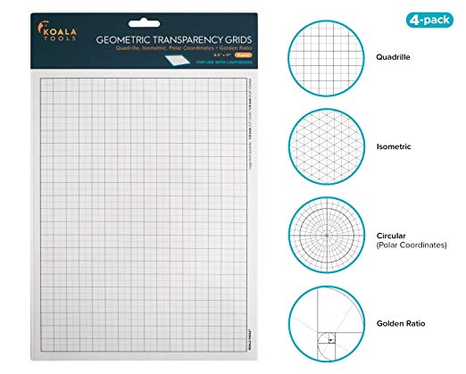 Koala Tools | Geometric Grid Transparency Sheets (Variety Pack of 4) - 8.5" x 11" | Overhead Projector and Light Box Transparencies - Tracing Film for Sketching & Drawing