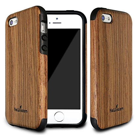 iPhone SE / 5S / 5 Wood Case, NeWisdom Unique Slim Hybrid Rubberized [Wood over Rubber] Soft Real Wood Case for apple iPhone SE / 5S / 5 - Teakwood