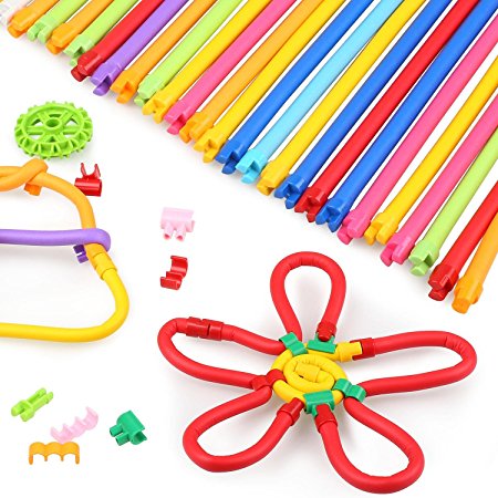 Peradix DIY Soft Building Sticks Toy Stackable Flexible Folding Bending Interlocking Colorful Straw Stem Bar Set for Imagination Education with Storage Bag (77)