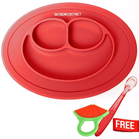 Baby Silicone Placemat, Non-toxic, Hypo-allergenic, Table Suction, FDA Approved, BPA-free, Dishwasher safe with Silicone Spoon and Teething Toy (Red)