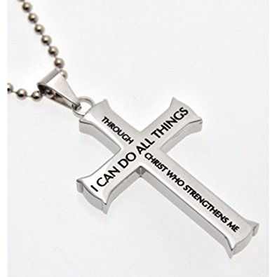 Philippians 4:13 Jewelry, Cross Necklace STRENGTH Bible Verse, Stainless Steel with Chain