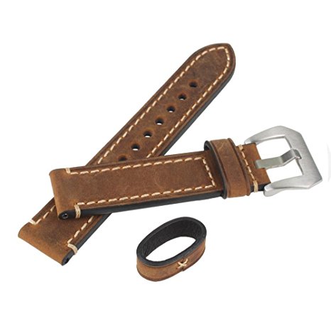 WEONE Brown 22mm Genuine Leather Watch Band Wristwatch Strap Stitch Watchband with Stainless Buckle
