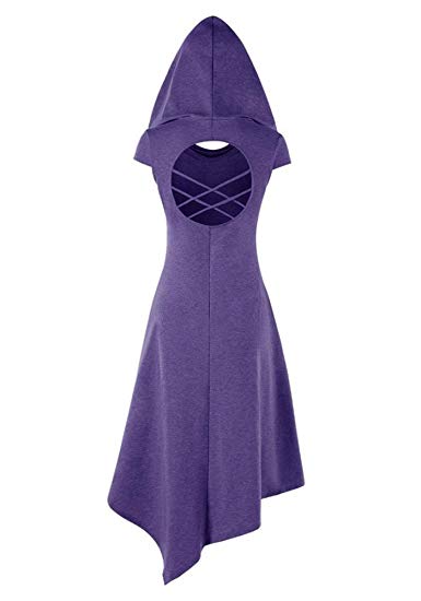 Foshow Halloween Dress Hoodie Criss Cross Medieval Cosplay Asymmetrical Midi Dresses with Hat