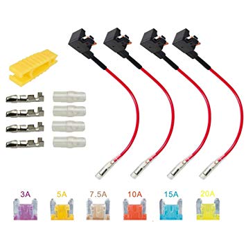 ARTGEAR 12V 24V Low Profile Add-a-Circuit Fuse Tap, ACS Miniature Piggy Back Blade Fuse Holder with Wire Harness, 6 pcs Fuse (3A 5A 7.5A 10A 15A 20A) and Fuse Puller (Pack of 4)