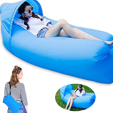 Opard Inflatable Lounger, Waterproof Air Bed Portable Air Lounger, Camping Bed Hangout Sofa for Outdoor/ Hiking/ Beach/ Adults/ Child(w/ Detachable Sunshade Hood & Carrying Bag)