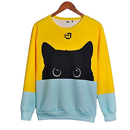 Color Block Cute Cat Pattarn Long Sleeve Round Neck Pullover Sweatshirt