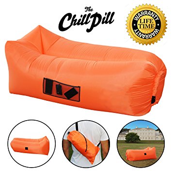 Inflatable Lounger Sofa Blow Up Sleeping Bag Hammock Air Mattress. Ideal for Camping, Fishing, Beach, Swimming Pool, Festivals & Chilling. Waterproof with Headrest, Pockets & Drink Holder. Lightweight and Durable, Easy to Inflate. THE CHILL PILL