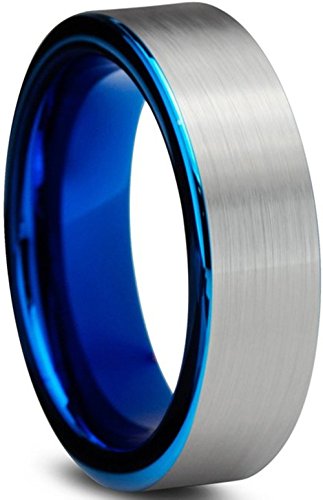 King Will Women Men 6mm Flat Blue Tungsten Carbide Ring Matte Brushed Wedding Band Comfort Fit