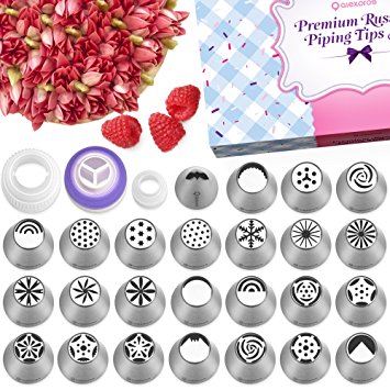 Russian Piping Tips - 50 Piece Cake & Cupcake Decorating Nozzle Set | 24 Piping Tips   Silicone Bag & 20 Disposable Bags   Leaf tip   3 Couplers   Cleaning Brush   Instruction - Perfect Kitchen Gift