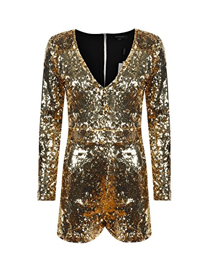 HaoDuoYi Women's Sparkly Sequin V Neck Long Sleeve Party Clubwear Romper Jumpsuit