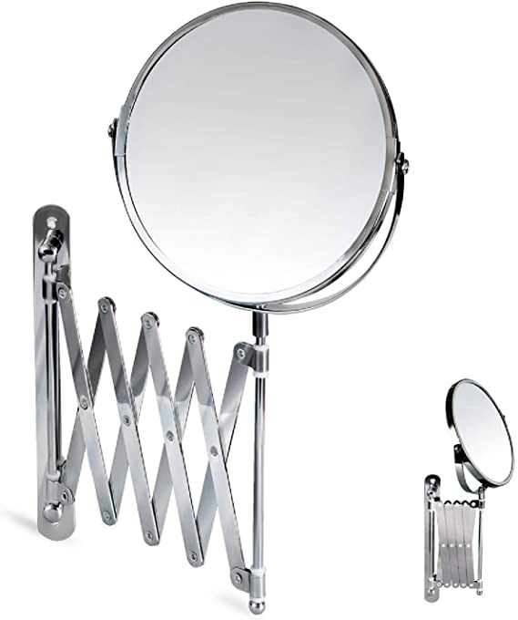 Tatkraft Aurora Chromed Steel Double Sided Extending Wall Mounted Mirror | Swivel Mirror for Bathroom | D17cm, 3X Magnification