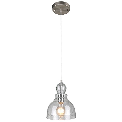 Westinghouse 6100700 Industrial One-Light Adjustable Mini Pendant with Handblown Clear Seeded Glass Brushed Nickel Finish