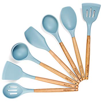 IQUONA Kitchen Utensil Set - 7 Piece Natural Acacia Wood Silicone Spatulas - Heat Resistant - Organic Wooden Handled Spatulas & Spoons - Nonstick Kitchen Tools & Gadgets - French Cooking Utensils