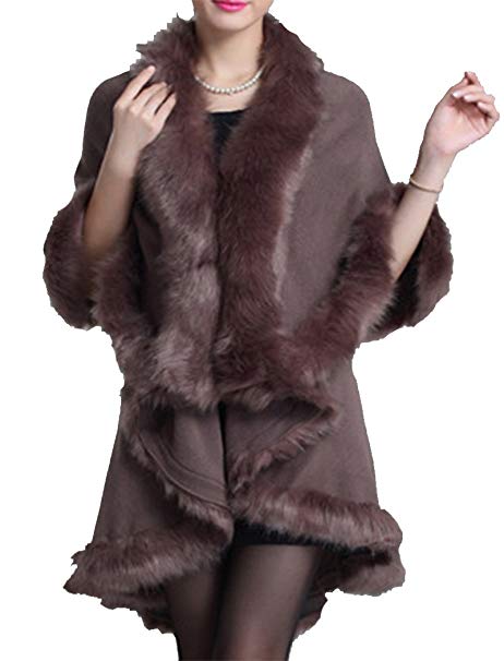 Helan Women's Faux Fox Fur Double Layers Shawl Cloak Cape Coat