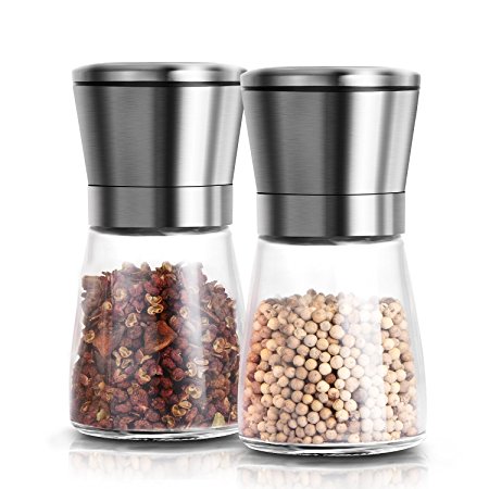 Adoric Salt and Pepper Grinder Set of 2, Brushed Stainless Steel Pepper and Salt Mill with Adjustable Ceramic Rotor - Salt and Pepper Shakers