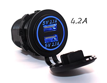 Cllena Car USB Charger Socket Power Outlet 2.1A & 2.1A Dual USB Port for Car Boat Marine iPad iPhone Mobile GPS (4.2A-Blue)