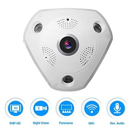360° Panoramic Wireless IP Camera Audio Video WiFi 3 Megapixel HD Fish-eye Lens Wide Angle 10m/30ft Night Vision VR CCTV Home Security Surveillance Cameras System