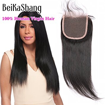 BeiKaShang 4x4 Straight Lace Closure with Bleached Knots Baby Hair Natural Hairline Brazilian Virgin Human Hair Closure Hair Natural Color Free Part 8"