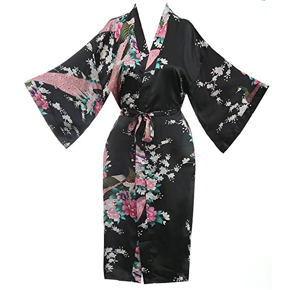 Missfashion Women's Kimono Robe Peacock & Blossoms Satin Nightwear