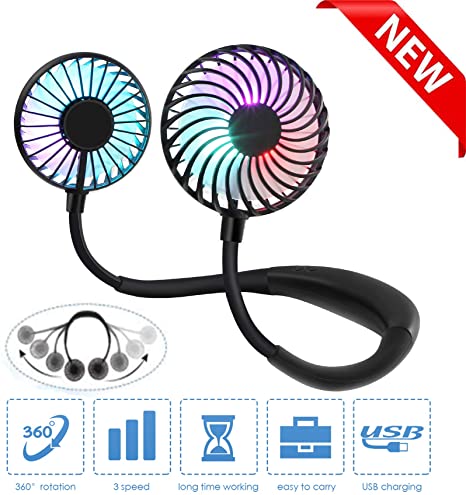 CORST Portable USB Fan Hand Free Personal Fan Wearable Mini Desk Fan Neckband Fan with LED Light, 3 Speeds, USB Rechargeable, 360 Degree Adjustment for Home Office Outdoor Travel