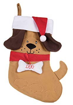 Cute Puppy Dog Christmas Stocking with Plush Ears and Santa Hat - 17" Tall