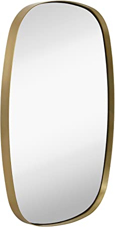 Hamilton Hills Contemporary Brushed Metal Oblong Wall Mirror | Glass Panel Gold Framed Rounded Corner Oval Deep Set Design | Mirrored Rectangle Hangs Horizontal or Vertical (24" x 36")