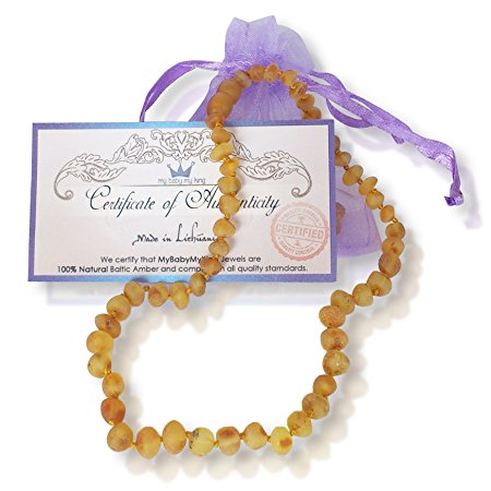 Baltic Amber Necklace for Baby. Teething Pain and Drooling Relief. Made of Raw Unpolished Honey Genuine Amber Beads. (12.5 inches)