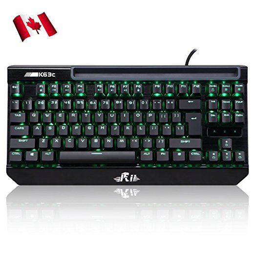 Rii K63C Mechanical Gaming Keyboard ,87keys Anti-ghosting PC gaming keyboard,Blue switch with 3 Macro Keys (Green-Backlit, 87Keys)