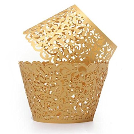 12pcs Filigree Vine Cake Cupcake Cases Wrapper Wraps Decoration Wedding Birthday Baby Shower Filigree (Gold)