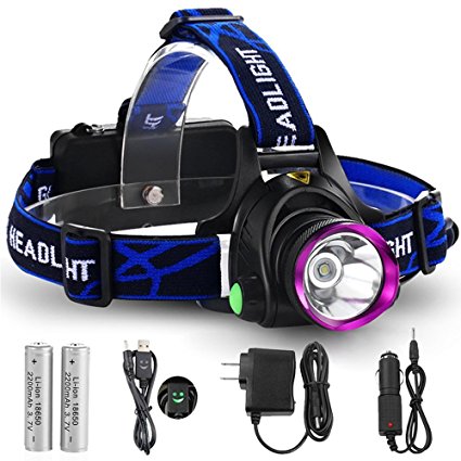 GRDE 3 Modes Bright LED Headlamp Waterproof Head Light with Rechargeable Batteries, Car Charger, Wall Charger and USB Cable for Outdoor Activities