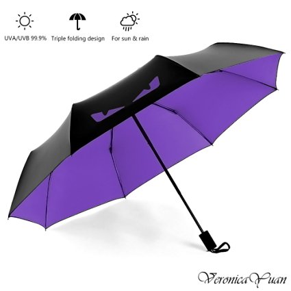 UPF50  UV Protection Umbrella - Wind Resistant, Collapsible, Lightweight, QuickDry, All Weather Umbrella (Purple Eyes)