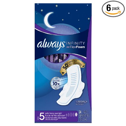 Always Infinity Size 5 Extra Heavy Overnight Pads with Wings, Unscented, 24 Count (Pack of 6),Packaging May Vary