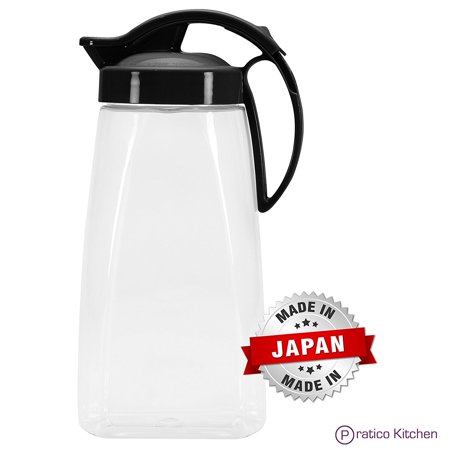 QuickPour Airtight Pitcher with Locking Spout Japanese Made - For Water, Coffee, Tea, & Other Beverages - 2.3 Quarts - Clear with Black Top