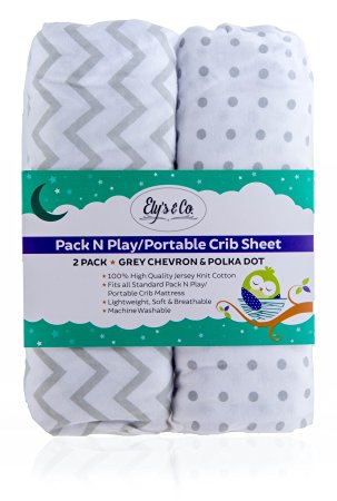 Pack N Play Portable Crib Sheet Set 100% Jersey Cotton Unisex for Baby Girl and Baby Boy by Ely's & Co. (Grey Chevron and Polka Dot)