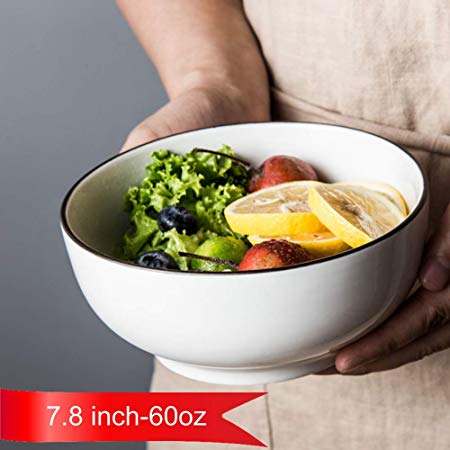Salad Bowl Soup Bowls 3-Pack-60 Ounce Big Stackable Round White Fine Porcelain Pasta Bowl Serving Set