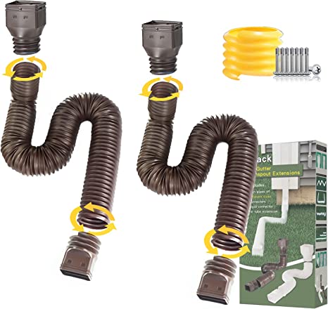 NAACOO 2 Pack Gutter Downspout Extensions, Downspout Extender - Rain Gutter Downspout Extension Set, 58 in   65 in Flexible/Shapeable Drain Pipe with Gutter Connector & 8pcs Screws(Brown)