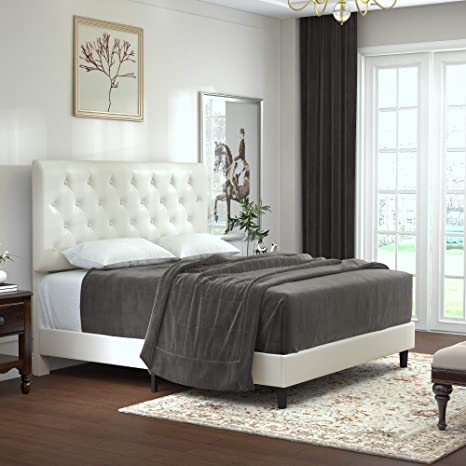 Allewie Queen Bed Frame Platform Bed with Faux Leather Upholstered Diamond Stitched Button Tufted Headboard and Wood slats/Mattress Foundation/No Box Spring Needed/Easy Assembly/Cream